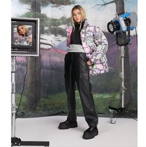 ASOS Design Floral Puffer Jacket - Purple and Black